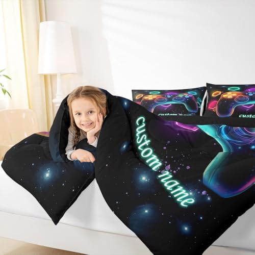 Customized Game Consoles Boys Full Size Bedding Set Gamer Gifts,Personalized Gaming Comforter Sets for Boys Space Glow Geometric Kids Comforter Sets Red Green Blue Teal,Gaming Room Decor