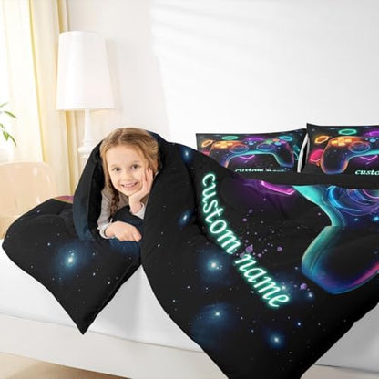 Erosebridal Customized Game Consoles Toddler Bedding Sets for Boys, Personalized Gaming Comforter Sets, Space Geometric Kids Comforter Set, Red Green Blue Teal, Game Room Decor, Gamer Gifts