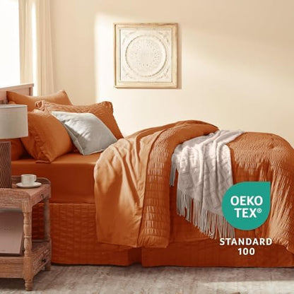 Laojin Balhen King Size Comforter Set 7 Pieces, Burnt Orange Seersucker Bed in a Bag Set King Size, All Season Luxury Bedding Sets with Comforter, Sheets, Pillowcase & Sham