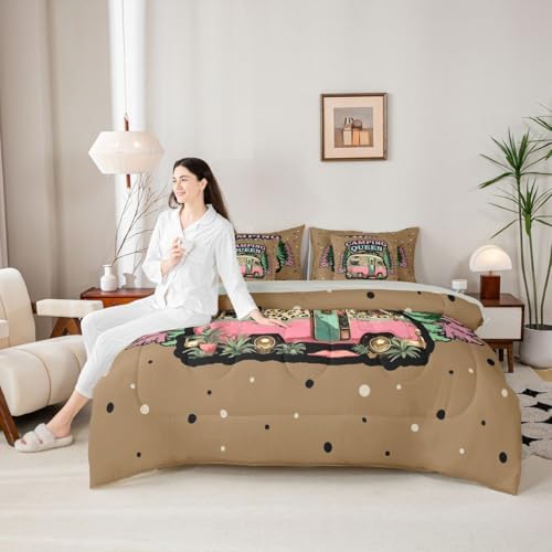 Erosebridal Camper Rv Boys Bed in A Bag Happy Camping Comforter Set with Sheets Vintage Pine Trees 7-Piece Bedding Set Twin Size for Kids Teens Men Bedroom Brown Leopard Print Bed Sets