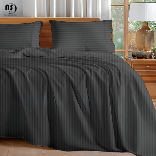 NON Sticky cotton King 4 Piece Sheet Set, 100% Long Staple Cotton, Soft Cooling Hotel Luxury Bedding Sheets, Deep Pocket Fits 10" to 18" Mattress, 78" x 80", Dark Grey Stripe