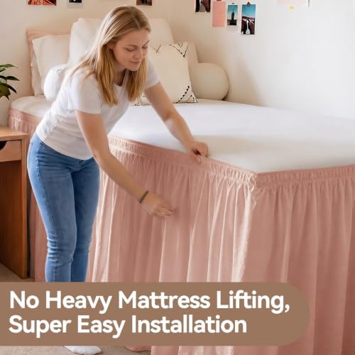 College Dorm Bed Skirt Twin XL 32 Inch Drop, Blush Pink Elastic Bedskirt