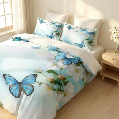 CCoutueChen Butterfly Floral Bedding Set King Size, Country Comforter for Women Blue Botanical Flowers Bedroom Decor, 3 Pcs 2 Pillowcases, 104"x90"