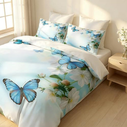 CCoutueChen Butterfly Floral Bedding Set King Size, Country Comforter for Women Blue Botanical Flowers Bedroom Decor, 3 Pcs 2 Pillowcases, 104"x90"