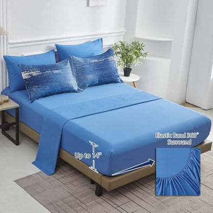 Ombre Blue Comforter Set Queen Size Reversible Gradient Blue Grey Boho Bedding Set for Men Women 8 Pieces Bed in A Bag Bohemian Bed Set With Comforter, Sheets, Pillowcases & Shams, Cushion Cover