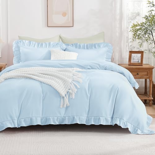 Andency Light Blue Ruffle Duvet Cover King, Shabby Chic Bedding Set