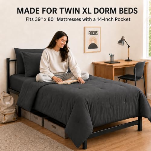 HIMEET Twin XL Comforter Set, 5-Piece Point-Quilted Bed in a Bag, Dark Grey