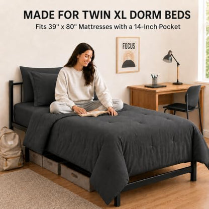 HIMEET Twin XL Comforter Set, 5-Piece Point-Quilted Bed in a Bag, Dark Grey