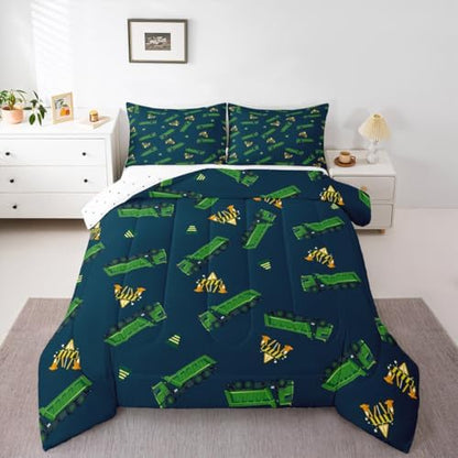 Feelyou Garbage Truck Toy Print Warm Comforter Setfor Kids Boys, Green Garbage Truck Bedding Set Cartoon Equipment Comforter Navy Blue Decor All Season Quilt Room 3Pcs Queen Size Boys
