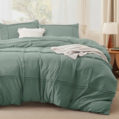 Bedsure Grid Boho Duvet Cover Queen, Textured Bedding, 3-Piece, Green