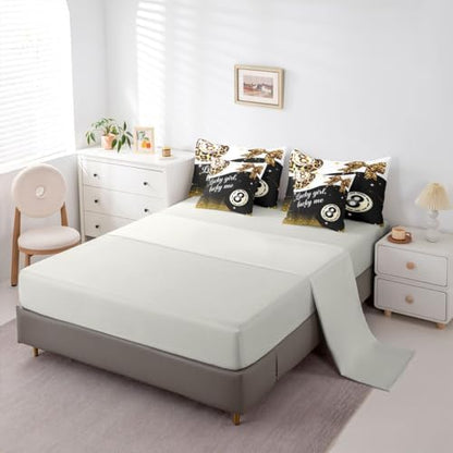 Erosebridal Leopard Print Lucky 8 Ball 7 Piece Bedding Set King Size,Preppy Cheetah Bow Comforter Set For Kids Adults,Fashion Trendy Y2K Bed In A Bag With Sheets Black Golden Luxurious Sequins Bed Set