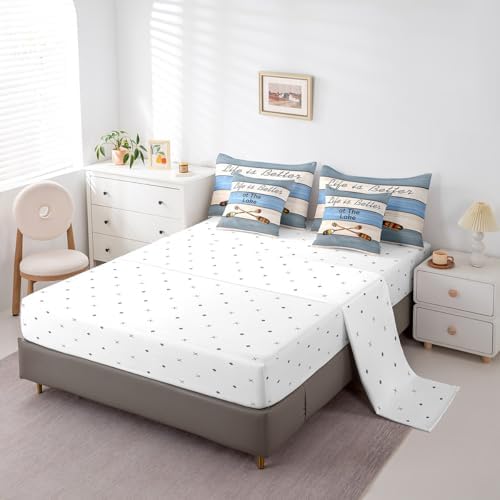 Erosebridal Lake House Bedding Set for Kids Teens,Boat Paddle Comforter Set Full Size,Blue Wooden Plank (Comforter+Fitted+Flat Sheet+2 Pillowcases+2 Throw Pillow Covers) 7 Pieces Bed Set