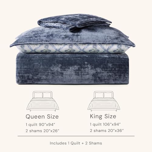 BLOOMHAVEN Blue Velvet Quilt King Size - Reversible King Quilt Bedding Set