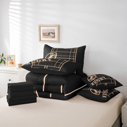 Erosebridal Sport Full Comforter Set 7 Pieces for Boys Soccer Bedding Comforter Sets, Football Theme Bed in a Bag Orange Black Bedding Set, Glowing Gradient Bed Sheets Set Soft (Black Reversible)