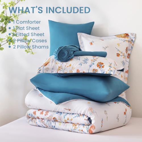 Teal Floral Comforter Set Queen Size,7 Piece Cute Flower Bed in a Bag Girls
