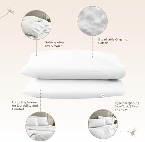 100% Organic Cotton Pillow Cases King Size Set of 2-100% Cotton Pillowcases GOTS Certified 300 Thread Count - Naturally Cooling Comfortable Breathable & Soft Pillow Cases (White, King)
