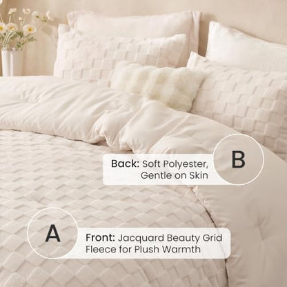 Love's cabin Fleece Queen Comforter Set, Fluffy Reversible Bedding, Cream