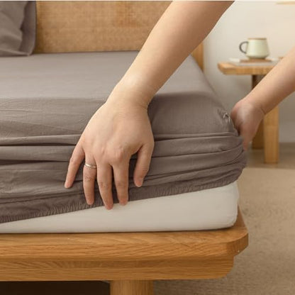 BESTOUCH King Washed Cotton Linen Feel Sheet Set 4 Pcs Pine Bark Brown