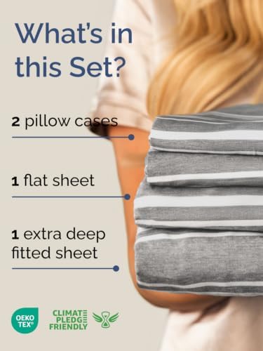 Extra Deep Pocket Cal King Sheet Set - Breathable & Cooling - Grey Stripes