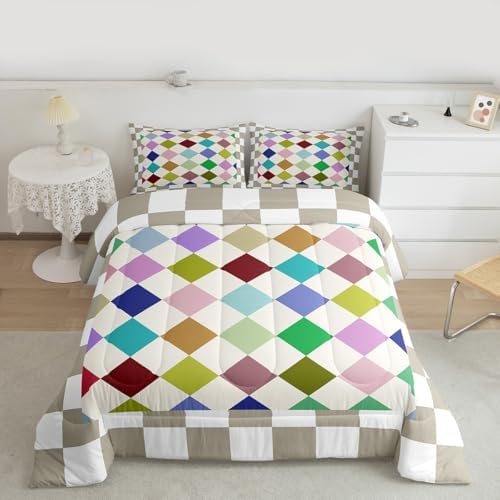 Checkered Geometric Comforter Set Twin Size Blue Green Pink Beige Brown Plaid Bedding Set for Kids Boys Girls Checkerboard Modern Aesthetic Duvet Quilt Reversible Grey Decor 2 Pcs with 1 Pillow Cases
