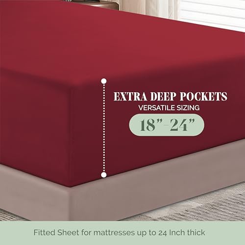 Elegant Comfort 1500 Premium Hotel Quality 18-24 Inches Deep - Extra Deep Pocket Single Fitted Sheet for High Mattress, Luxury and Softest, Smart Pocket - Wrinkle Free, California King, Burgundy
