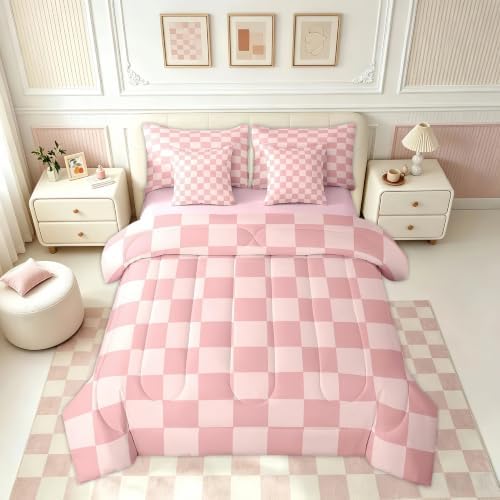 Feelyou Checkered Retro 7 Piece Bedding Set Teen Women Men Pink Gradient Plaid Comforter Set with Sheets Twin Size Kids Boys Geometric Vintage Bed in a Bag Modern Simple Groovy Aesthetic Room Decor
