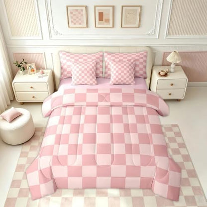 Feelyou Checkered Retro 7 Piece Bedding Set Teen Women Men Pink Gradient Plaid Comforter Set with Sheets Twin Size Kids Boys Geometric Vintage Bed in a Bag Modern Simple Groovy Aesthetic Room Decor