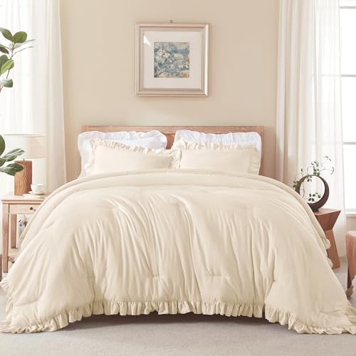 Andency Beige Ruffle Comforter Twin XL, 2 Pieces Solid Farmhouse Bed