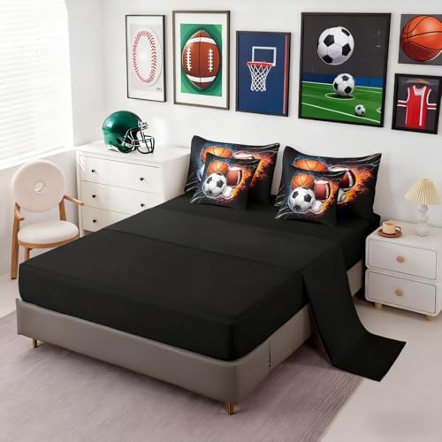 Sports Comforter Set 7 Pieces Queen Size Boys Bedding Set - Kids Basketball Football Baseball Soccer Bed In A Bag With Sheets, Pillow Covers, Pillowcases, Ice And Fire Flame Sports Game Comforter