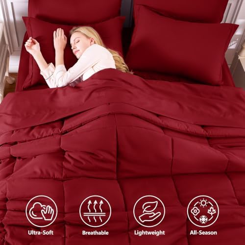 CozyLux Queen Comforter Set, 7-Piece Bed in a Bag, Dark Red