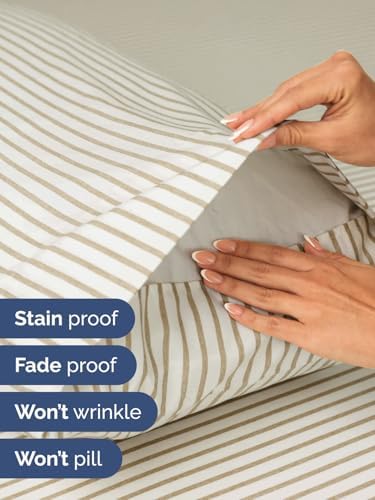 Extra Deep Twin Sheet Set - 3 Piece Breathable & Cooling - Beige Stripes