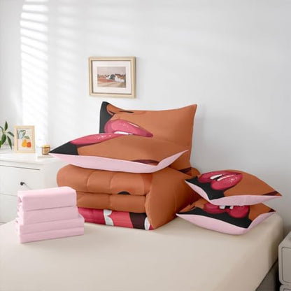 Erosebridal Black Girls Pink Comforter Sets 7 Piece for Kids African Black Women King Sheet Set Vogue Fashion Gorgeous Bedding Set for Girls Women Teens Minimalist Romantic Makeup Bed in A Bag