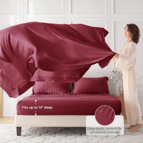 MUXHOMO 7 Pieces California King Comforter Set, Seersucker Bed in a Bag Cal King Size, All Season Luxury Bedding Set with Comforter, Flat Sheet, Fitted Sheet, Pillowcases & Shams, Burgundy