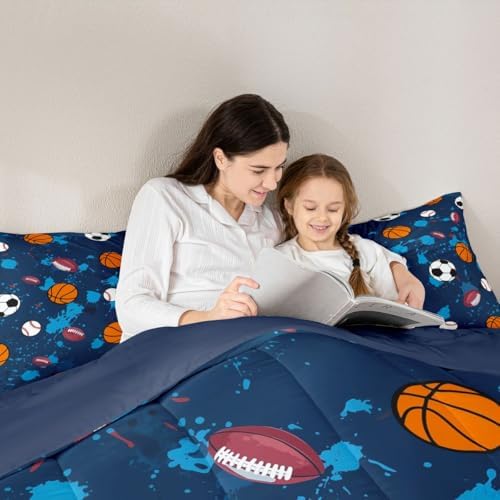 jejeloiu Ball Games Comforter Set All Season Soccer Basketball Baseball Football Bedding Set with 2 Pillow Cases Splash Ink Ball Games Microfiber Kids Full Bedclothes Sports Theme Decor Duvet Quilt