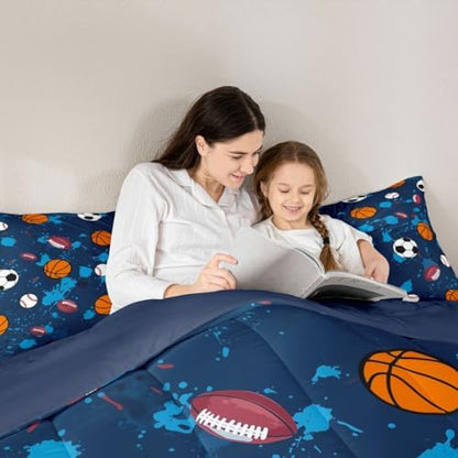 jejeloiu Ball Games Comforter Set All Season Soccer Basketball Baseball Football Bedding Set with 2 Pillow Cases Splash Ink Ball Games Microfiber Kids Full Bedclothes Sports Theme Decor Duvet Quilt