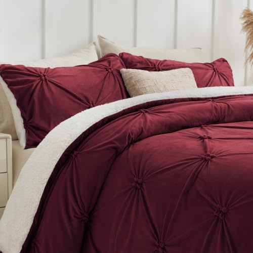 BEDELITE Fluffy Sherpa King Comforter Set,Pintuck-Burgundy