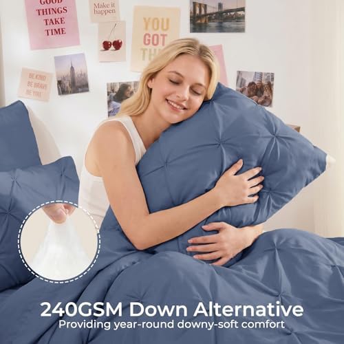 Sasttie Twin XL Comforter Set, 5-Piece Bed in a Bag, Pintuck Bedding Sets for All Season, Includes Comforter, Flat Sheet, Fitted Sheet, Pillowcase and Pillowsham, Indigo Blue