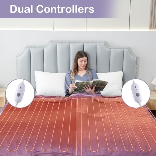 Eydna Electric Heated Blanket Queen Size 84"x90", Soft Plush Microplush for Bed, Dual Controllers & Heating Zones, 10Hs Auto Off & 5 Heating Levels, Machine Washable, Gifts for Womens-Light Purple