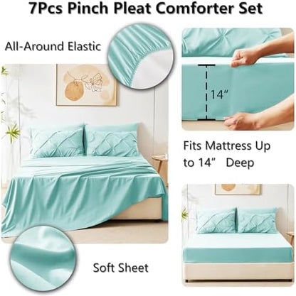 CozyLux Oversized Queen Comforter Set Spa Blue, 7 Pieces Bed in a Bag