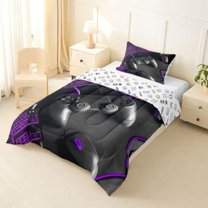 Feelyou Gamer Kids Comforter Set Twin Size Gaming Bedding Set Game Room Decor Duvet Quilt for Kids Boys Girls Bedroom Gamepad Decor Purple Microfiber Ultra Soft Breathable