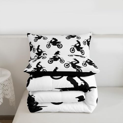 Feelyou Dirt Bike Bedding Set Soft for Boys Girls, Motocross Rider Comforter Set Queen Sporty Silhouette Design Duvet Quilt Outdoor Sports Bedroom Decor Motorcycle Art 3 Pcs with 2 Pillow Cases