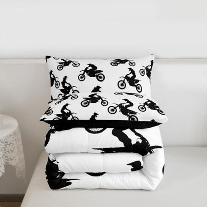 Feelyou Dirt Bike Bedding Set Soft for Boys Girls, Motocross Rider Comforter Set King Sporty Silhouette Design Duvet Quilt Outdoor Sports Bedroom Decor Motorcycle Art 3 Pcs with 2 Pillow Cases