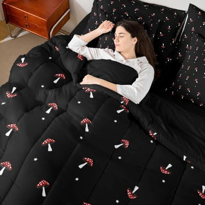 Erosebridal Cute Mushroom Full Comforter Set 7 Pieces, Kid Cartoon Kawaii Bed in A Bag, Lovely Natural Wild Plants Fungus Bedding Set with Comforters, Sheets, Pillowcases Black Red Bedroom Decor