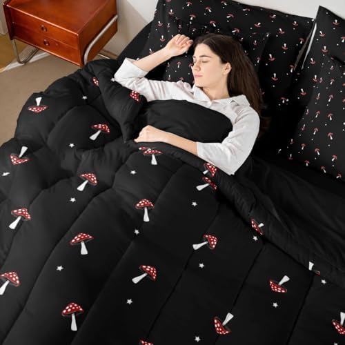 Erosebridal Cute Mushroom King Comforter Set 7 Pieces, Kid Cartoon Kawaii Bed in A Bag, Lovely Natural Wild Plants Fungus Bedding Set with Comforters, Sheets, Pillowcases Black Red Bedroom Decor