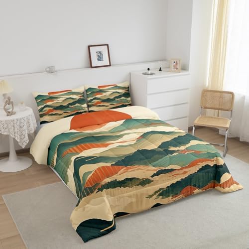 Japanese Style Comforter Set King Size,Abstract Mountain Bedding Set for Kids Boys Girls Room Decor,Sun Foggy Mountain Woodland Duvet Insert 3Pcs,Modern Comic Microfiber Quilt Set,2 Pillowcases