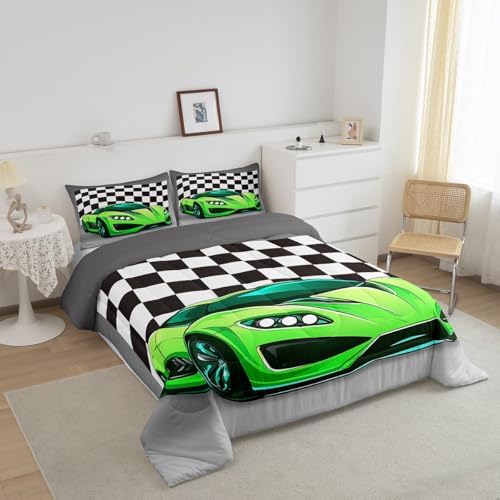 Racing Car Comforter Set, Cool Speed Race Car Down Comforter Full for Kids Boys Girls Teens Bedroom, Automobile Extreme Sport Bedding Set Plaid Checkered Duvet Sets with 2 Pillowcases, Grey Green