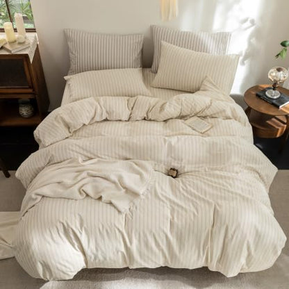 FOSSA Striped Duvet Cover Set 100% Washed Cotton Linen Feel Queen