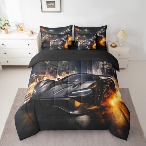 Erosebridal Black Race Car Bedding Set King,3D Sports Car Comforter Set,Fire Racing Car(Comforter+Fitted+Flat Sheet+2 Pillowcases+2 Throw Pillow Covers) 7 Pieces Bed Set for Boys Teens Youth