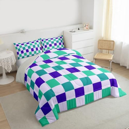 Checkered Geometric Kids Comforter Set Toddler Size Teal Blue Purple Plaid Bedding Set Checkerboard Modern Aesthetic Duvet Quilt for Kids Boys Girls Bedroom Reversible Grey Decor