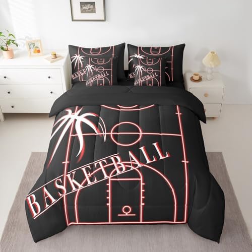 Sports Bedding King Size 7-Piece Basketball Comforter Set for Girls Boys, Neon Glowing Red Bedding Comforter Sets Sport Theme Bed in a Bag, Black Red Bedding Accessories Microfiber (Black Reversible)